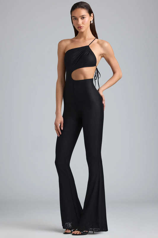 Petite Metallic Ruched Cut-Out Flared Jumpsuit in Black - UK Size:10